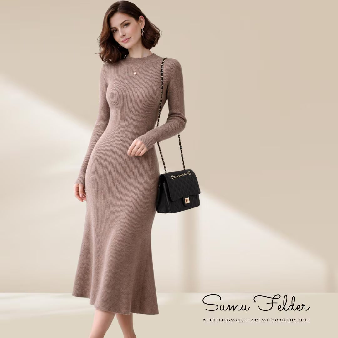 Merino Wool Knit Dress: Elegant Long Sleeve Autumn Outfit