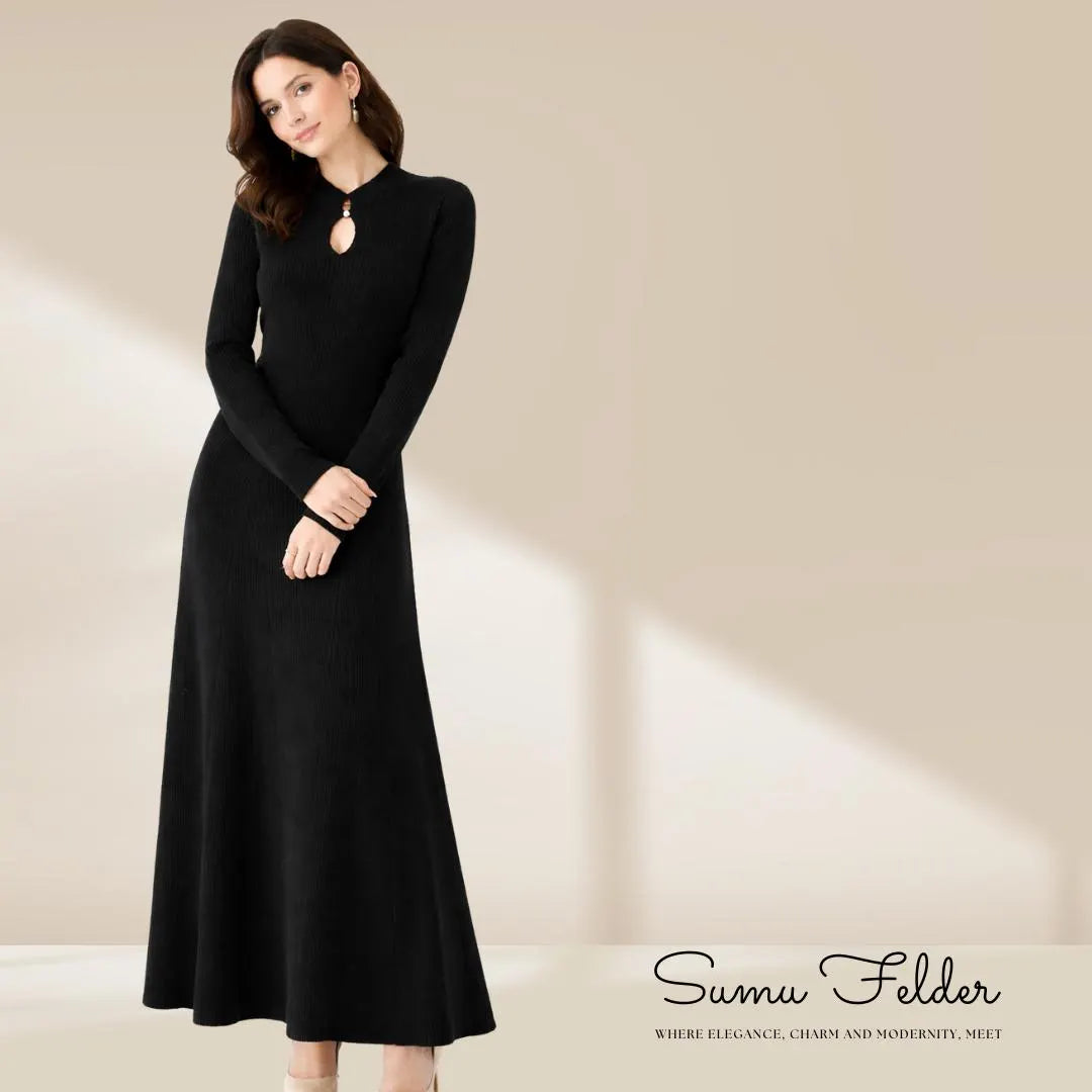 Merino Wool Knit Midi Dress: Elegant Long Sleeve Sweater Dress
