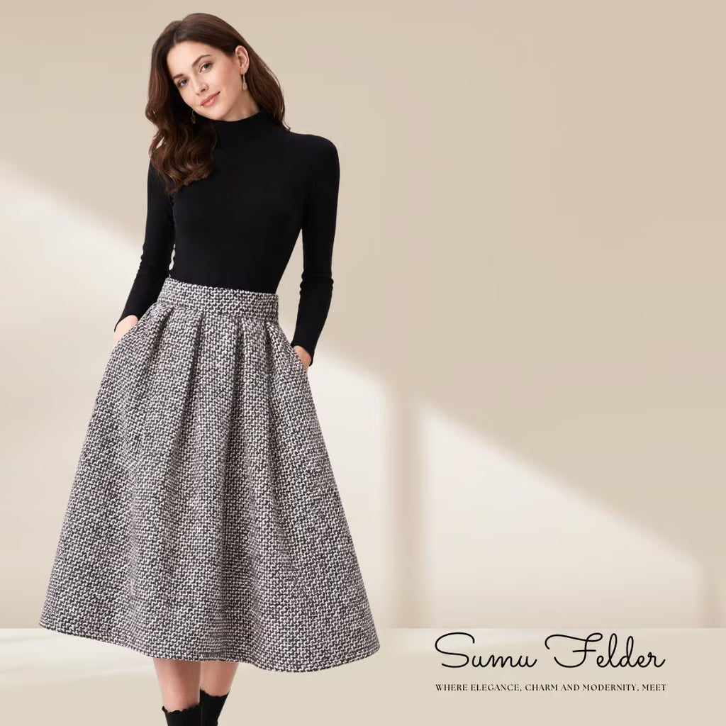 Vintage High-Waisted Wool Midi Skirt | Elegant Black and White Pleated Winter Skirt | Classic A-Line Tweed Skirt