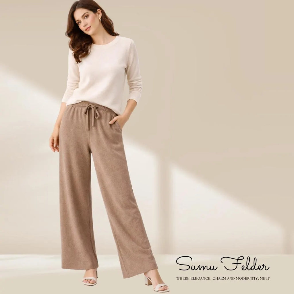 Cozy Wool Knitted Wide Leg Pants for Women | High Waist Winter Lounge Trousers | Minimalist Comfy Knitwear Bottoms for Everyday Style