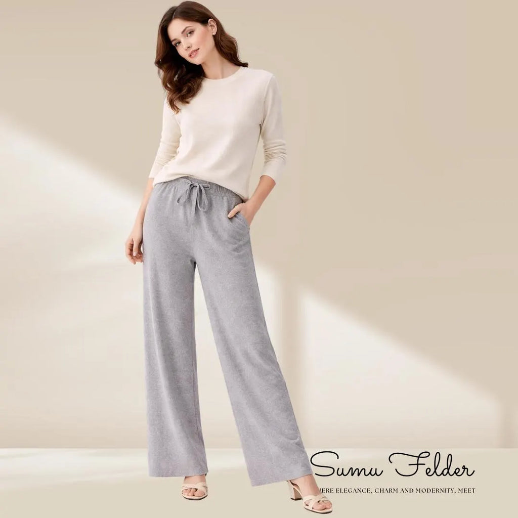 Cozy Wool Knitted Wide Leg Pants for Women | High Waist Winter Lounge Trousers | Minimalist Comfy Knitwear Bottoms for Everyday Style