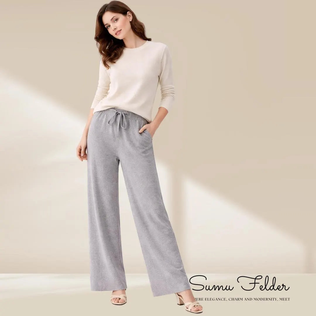 Cozy Wool Knitted Wide Leg Pants for Women | High Waist Winter Lounge Trousers | Minimalist Comfy Knitwear Bottoms for Everyday Style