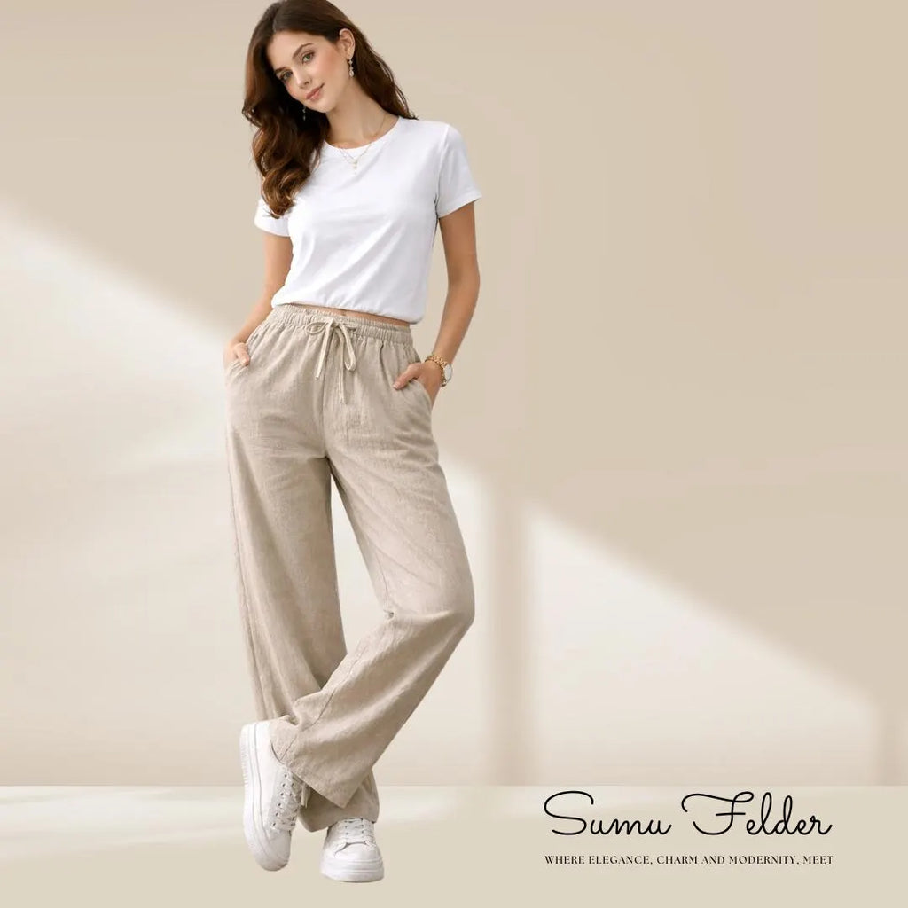 Women’s Cotton Pants, Relaxed Vacation Pants, Loose Straight , Casual Holiday Beach Trousers