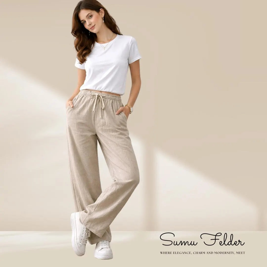Women’s Cotton Pants, Relaxed Vacation Pants, Loose Straight , Casual Holiday Beach Trousers