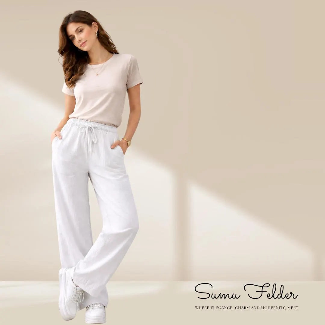 Women’s Cotton Pants, Relaxed Vacation Pants, Loose Straight , Casual Holiday Beach Trousers