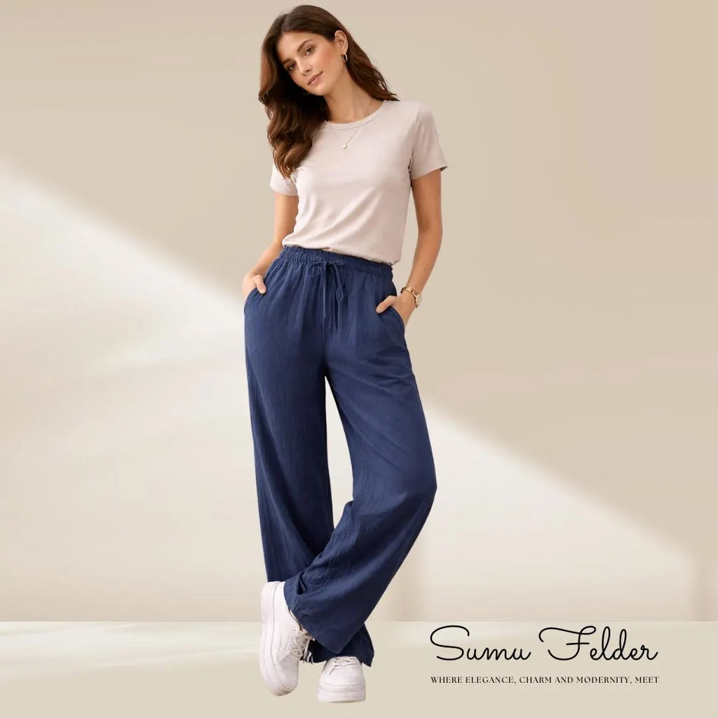Women’s Cotton Pants, Relaxed Vacation Pants, Loose Straight , Casual Holiday Beach Trousers