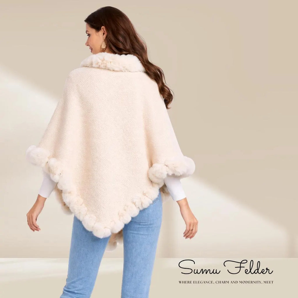Knitted Poncho: Faux Fur Trim, Cozy Winter Shawl