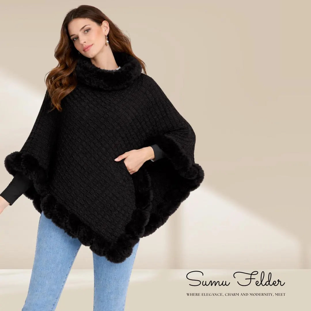 Knitted Poncho: Faux Fur Trim, Cozy Winter Shawl