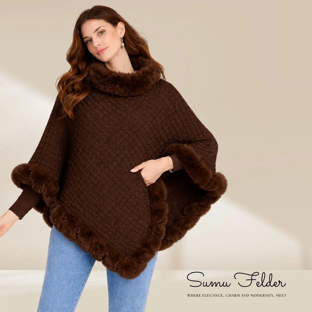 Knitted Poncho: Faux Fur Trim, Cozy Winter Shawl