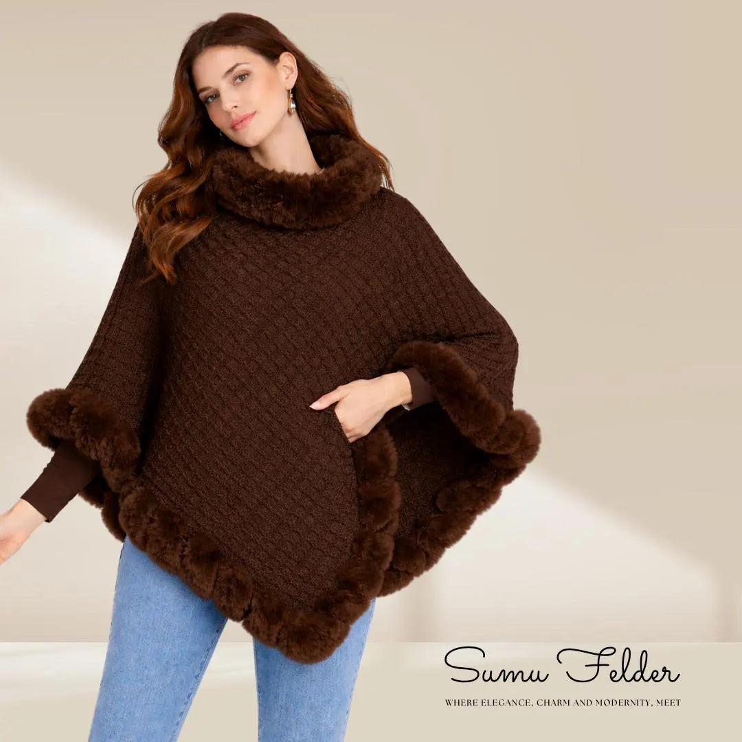 Knitted Poncho: Faux Fur Trim, Cozy Winter Shawl