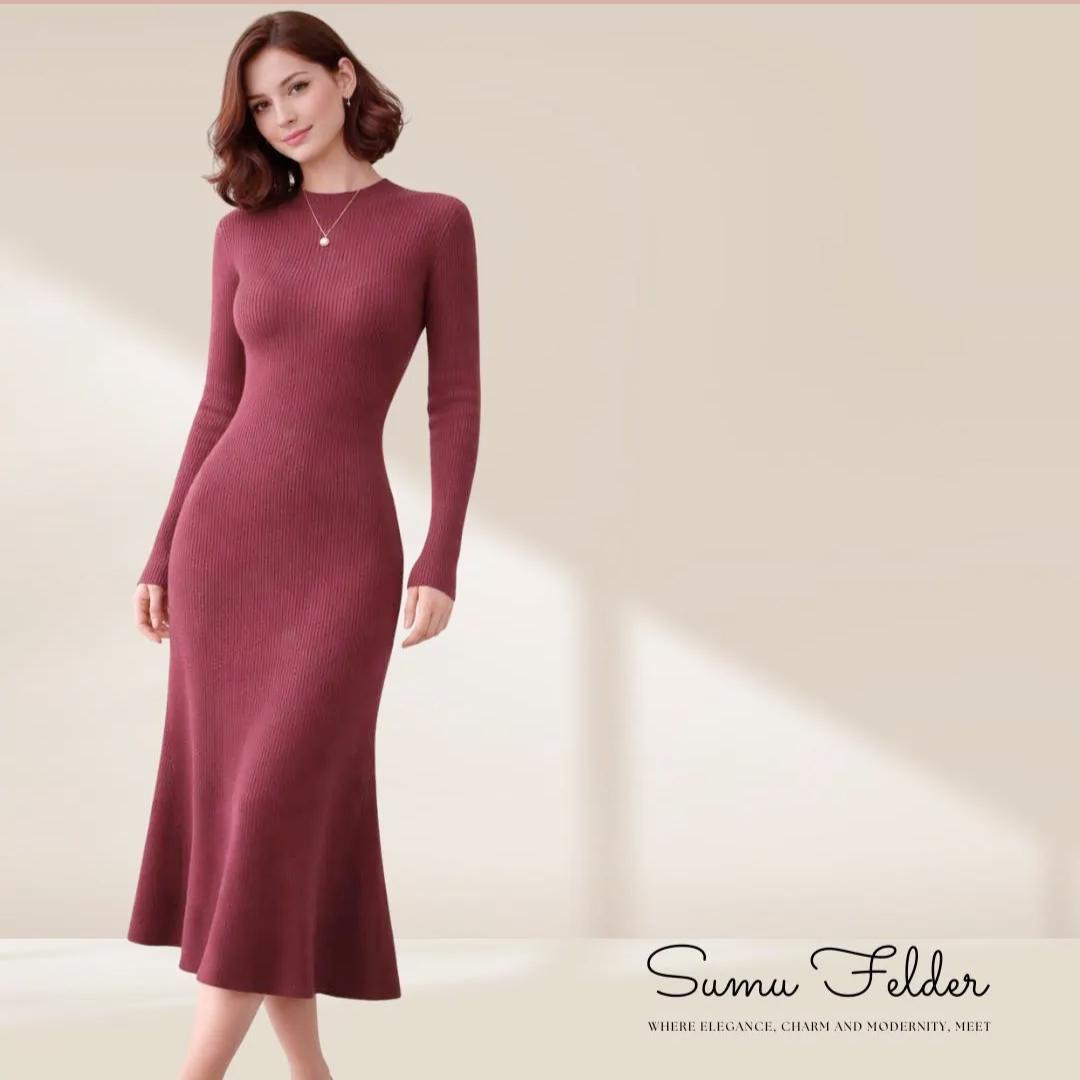 Merino Wool Knit Dress: Elegant Long Sleeve Autumn Outfit