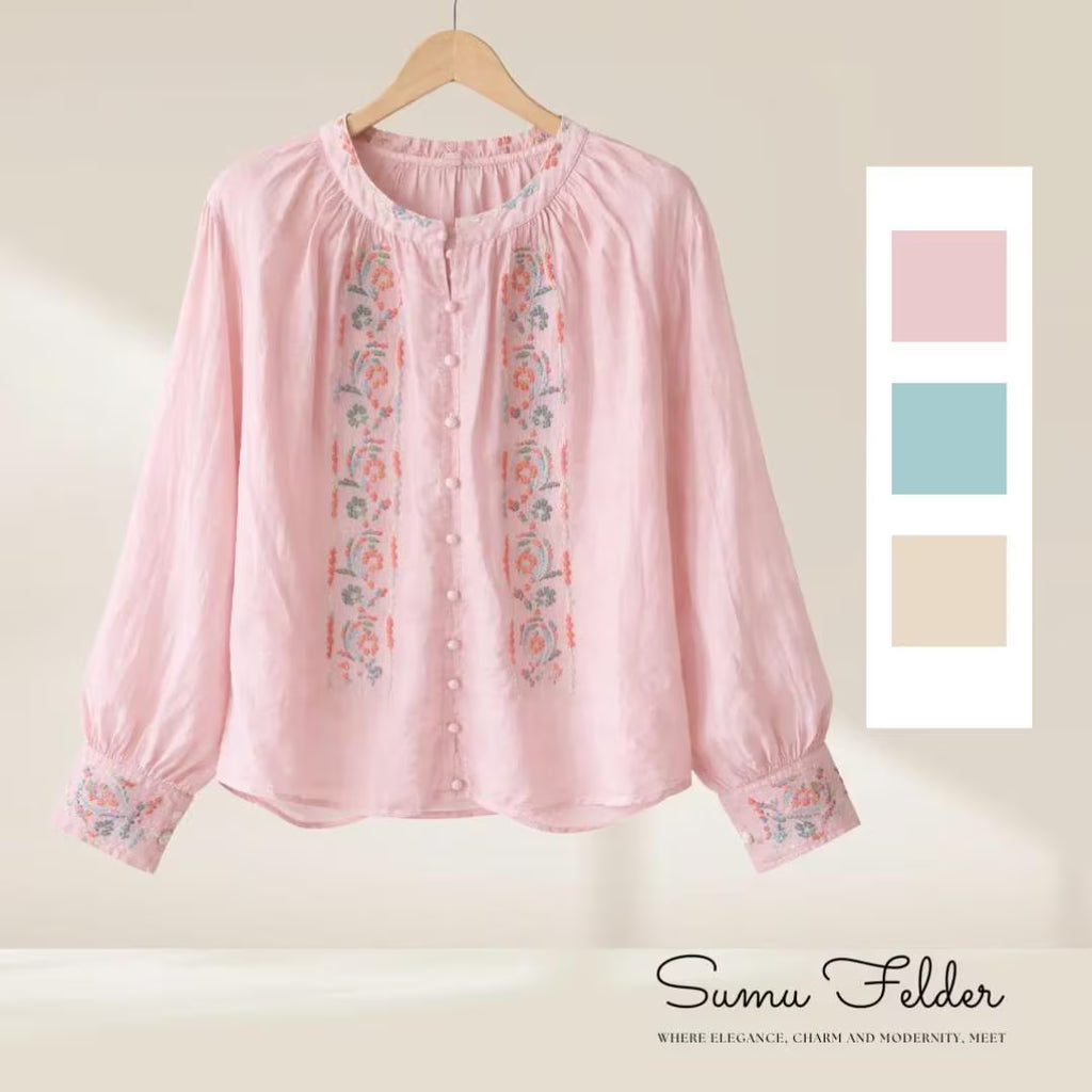 Embroidered Floral Cotton Linen Blouse for Women | Boho Chic Long Sleeve Button Down Top