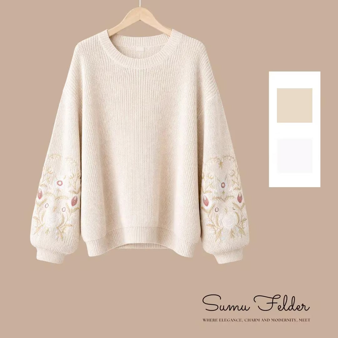 Embroidered Knit Sweater: Women's Floral Sleeve Pullover - Autumn Winter Fashion