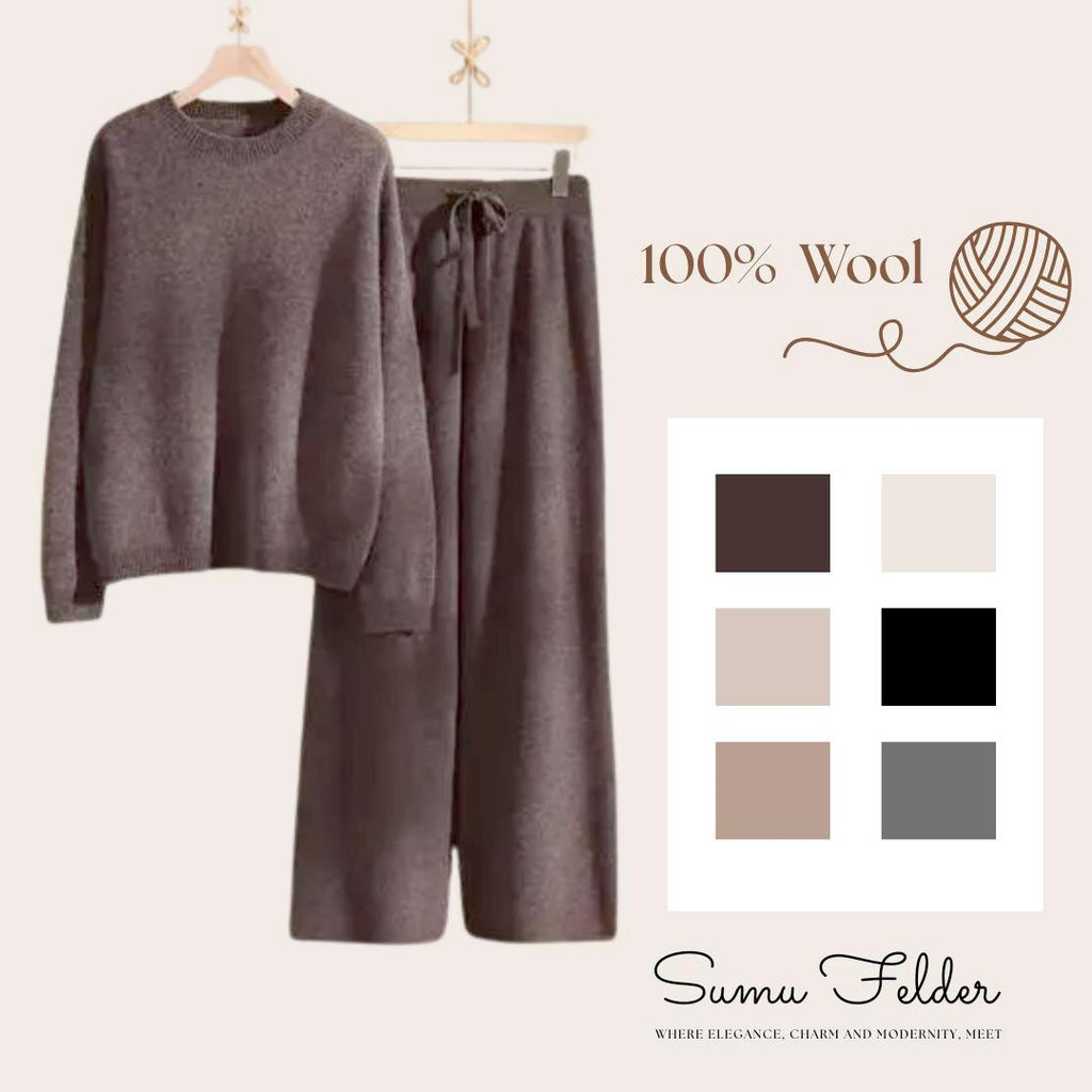 Cozy 100% Wool Knit Lounge Set for Women | Sweater and Wide Leg Pants | Winter Matching Knitwear Outfit | Warm Minimalist Loungewear