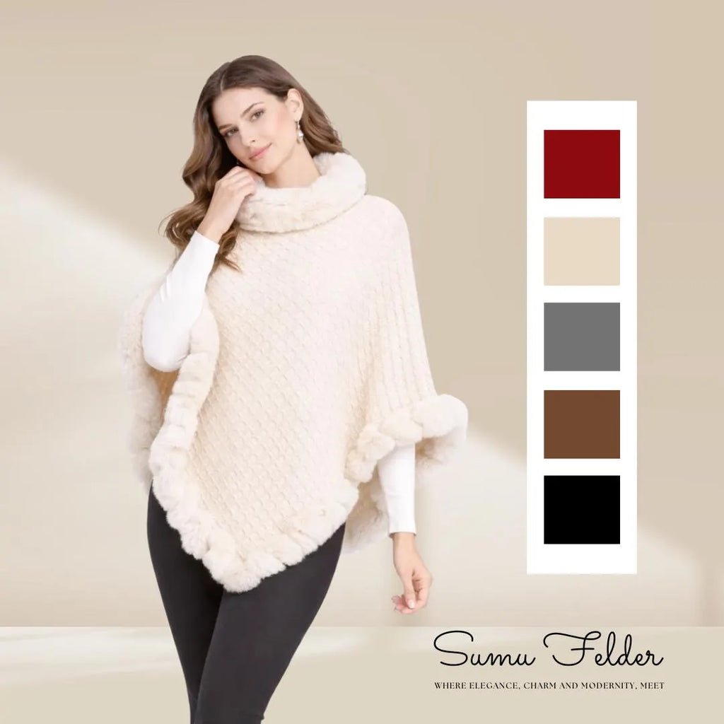 Knitted Poncho: Faux Fur Trim, Cozy Winter Shawl
