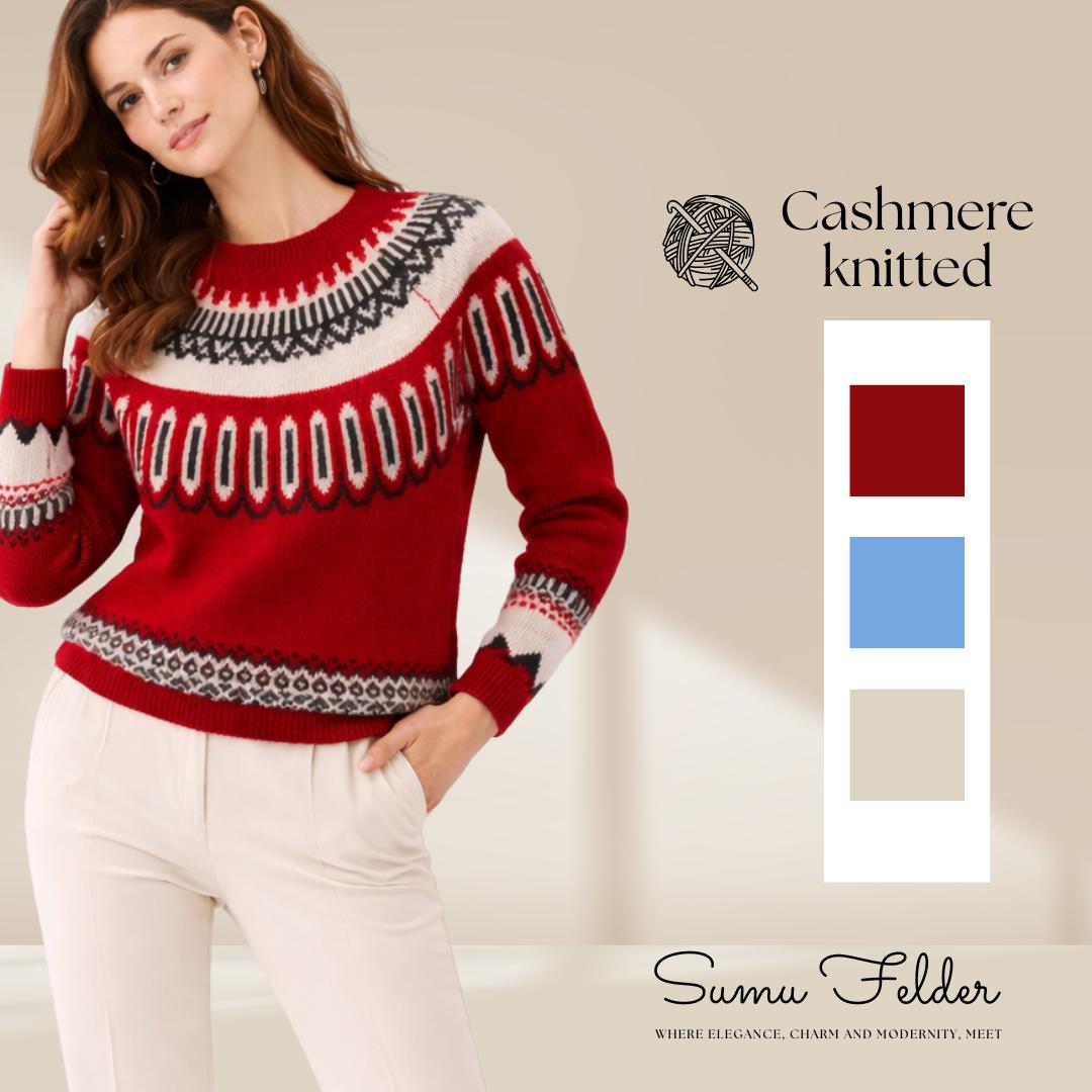 Elegant Cashmere Knitted Sweater for Women | Soft Winter Pullover with Nordic Pattern | Cozy Warm Knitwear for Stylish Cold-Weather Outfits